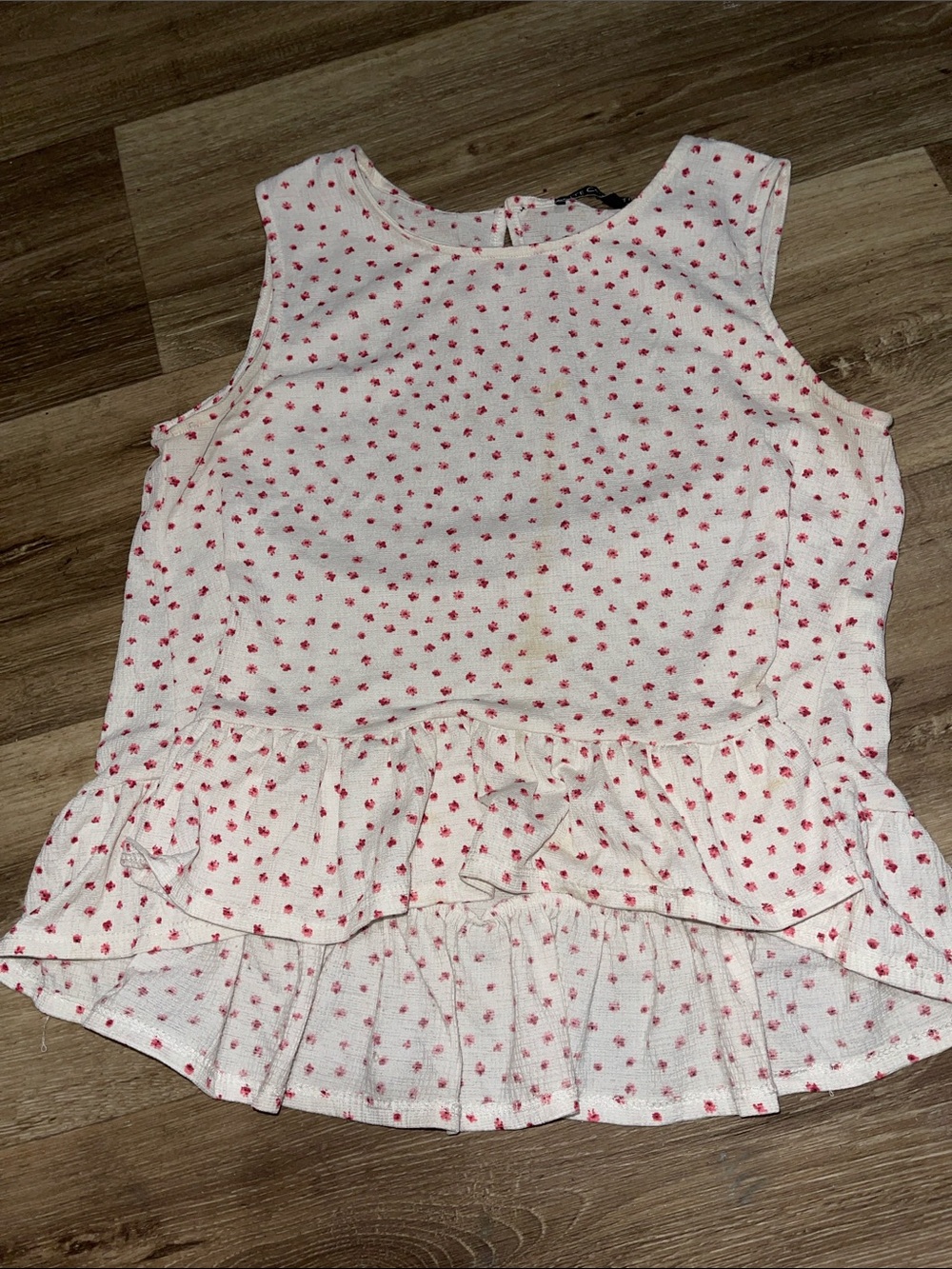 Sleeveless White Crop Top with Pink Micro Floral Ruffle Hem